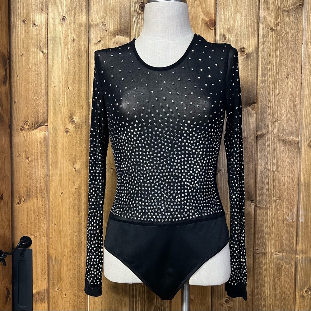 Ever B Large Sheer Black Bodysuit Silver Studded Detail Festival Edgy Glam - Picture 3 of 9